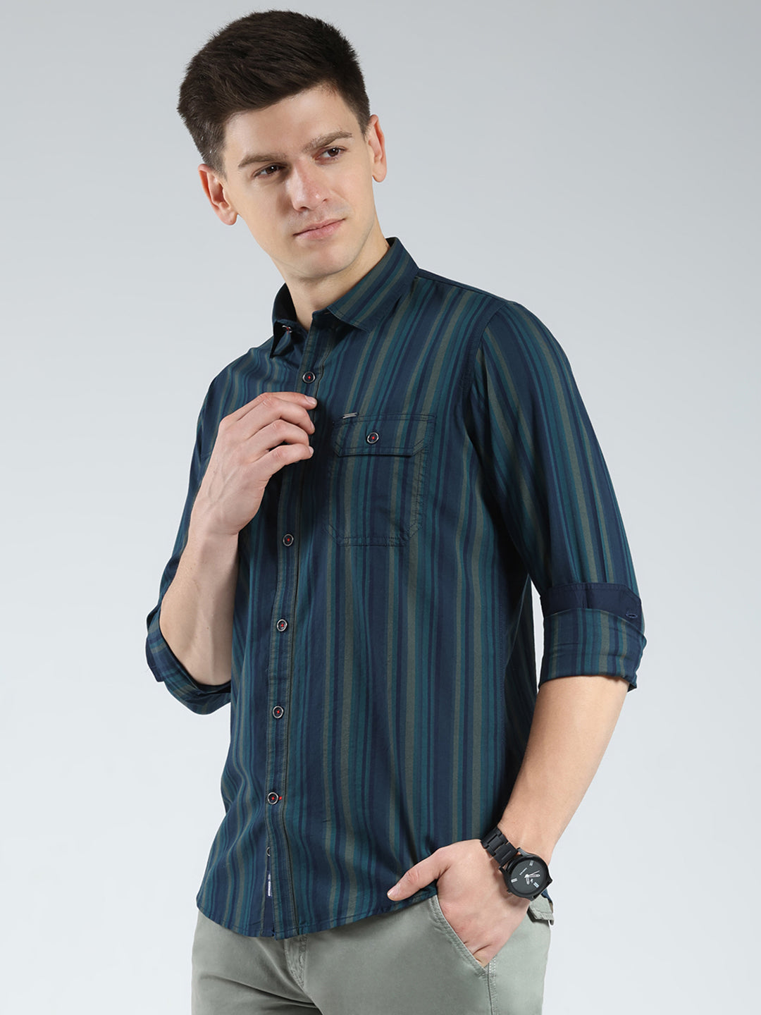 Men Navy Blue Stripe Collar Full Sleeve Shirt