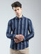 Men Navy Blue Stripe Collar Full Sleeve Shirt