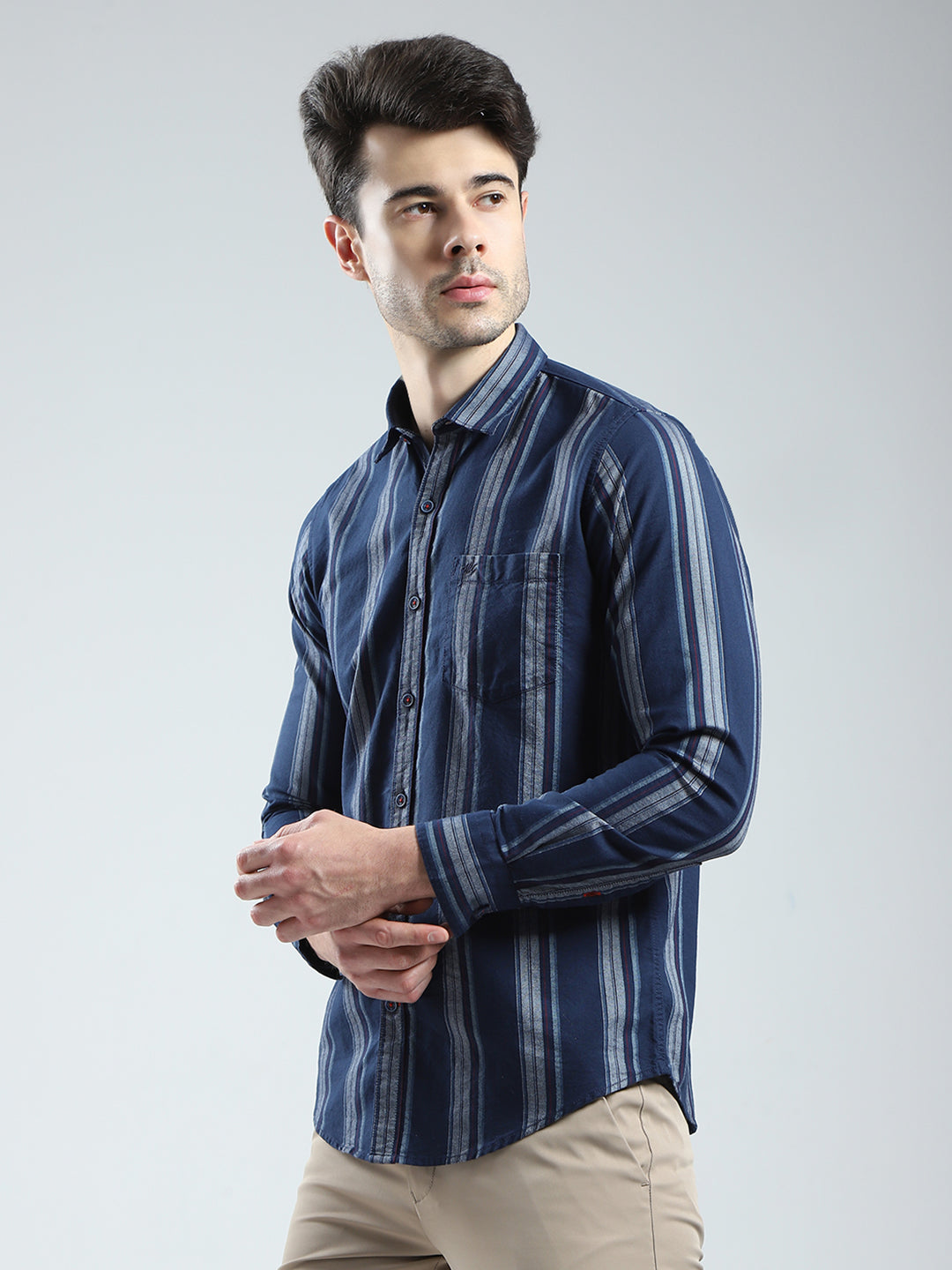 Men Navy Blue Stripe Collar Full Sleeve Shirt