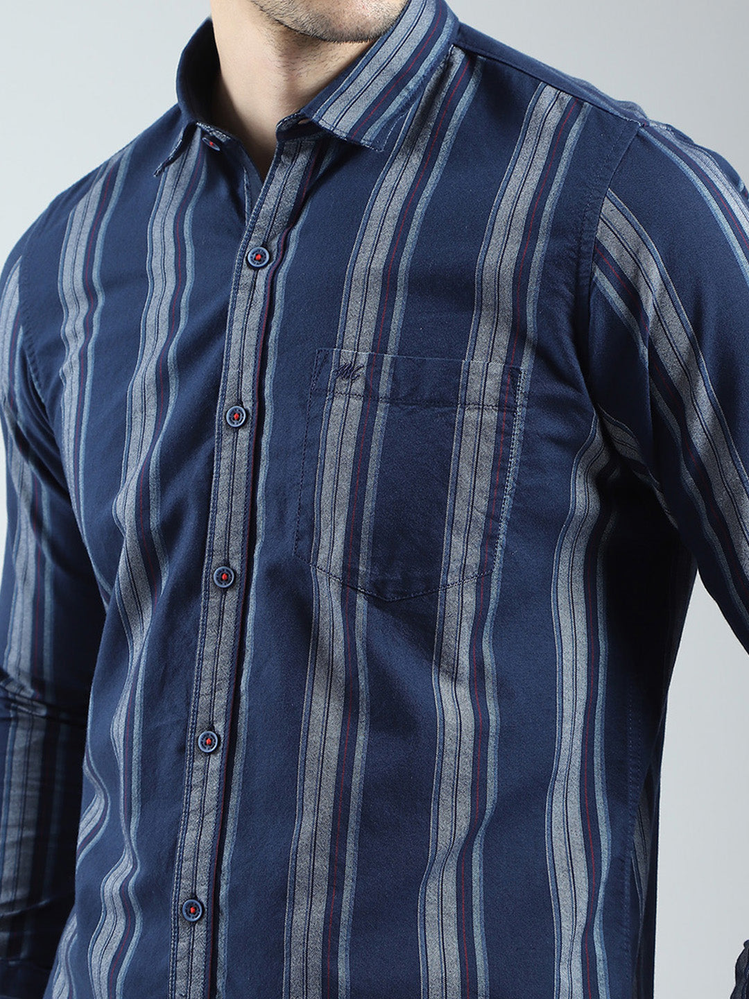 Men Navy Blue Stripe Collar Full Sleeve Shirt
