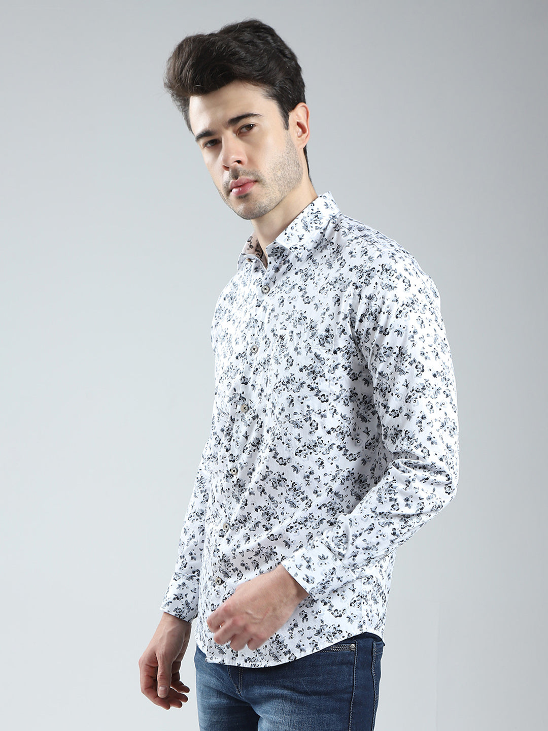 Men White Printed Collar Full Sleeve Shirt
