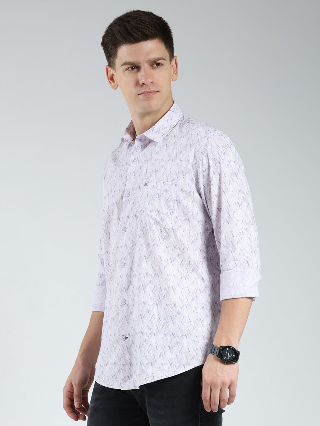 Men Purple Printed Collar Full Sleeve Shirt