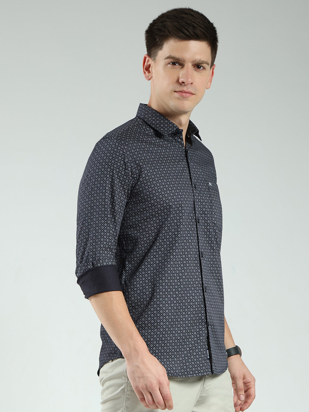 Men Navy Blue Printed Collar Full Sleeve Shirt