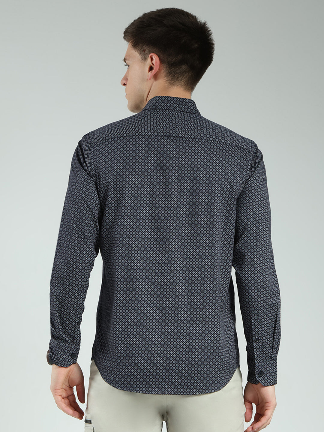 Men Navy Blue Printed Collar Full Sleeve Shirt