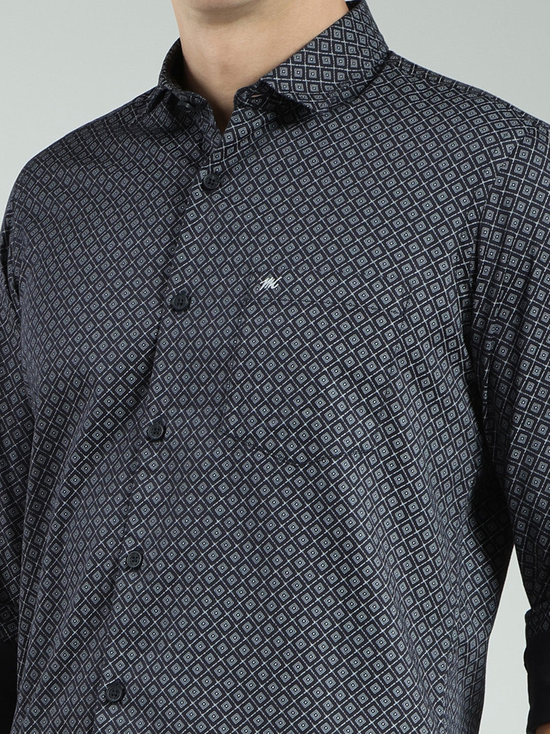 Men Navy Blue Printed Collar Full Sleeve Shirt