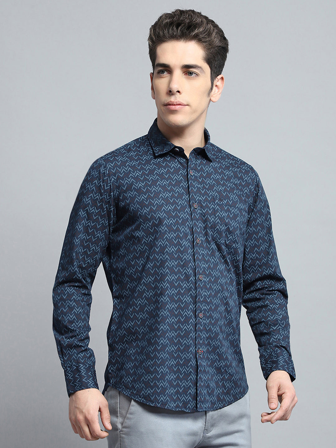 Men Navy Blue Printed Collar Full Sleeve Shirt
