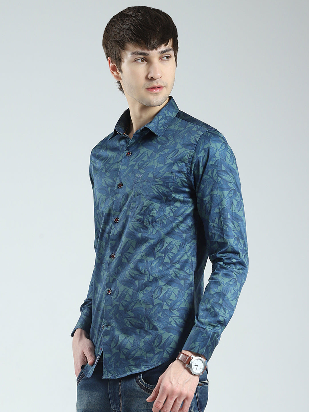 Men Green Printed Collar Full Sleeve Shirt