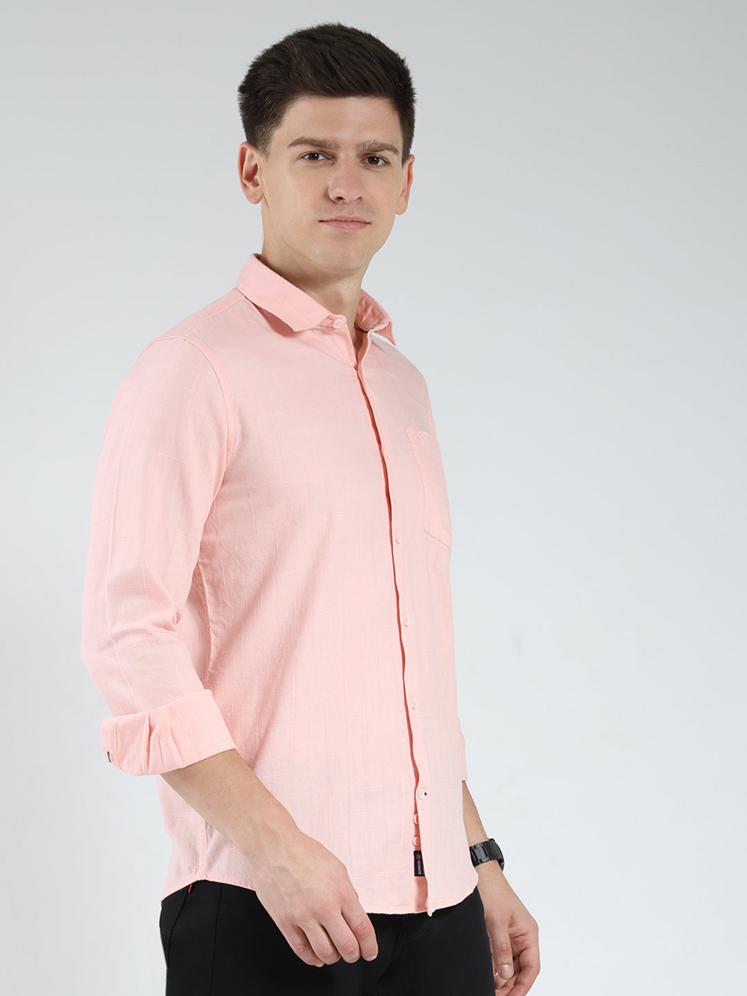 Men Peach Check Collar Full Sleeve Shirt