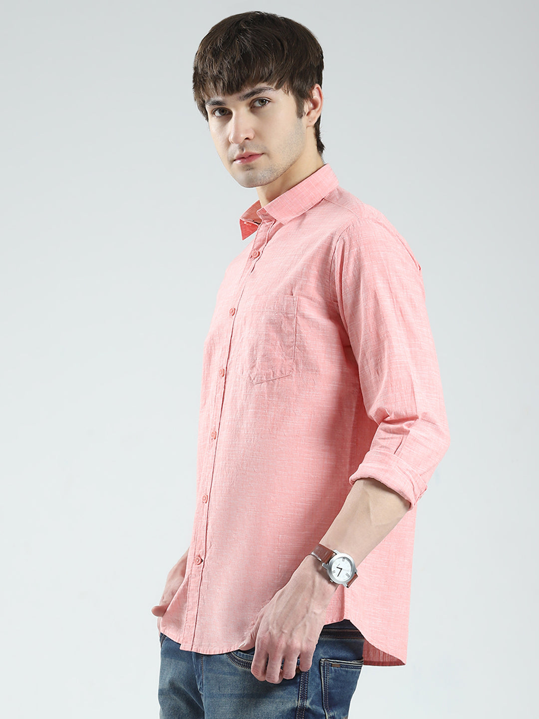 Men Orange Solid Collar Full Sleeve Shirt