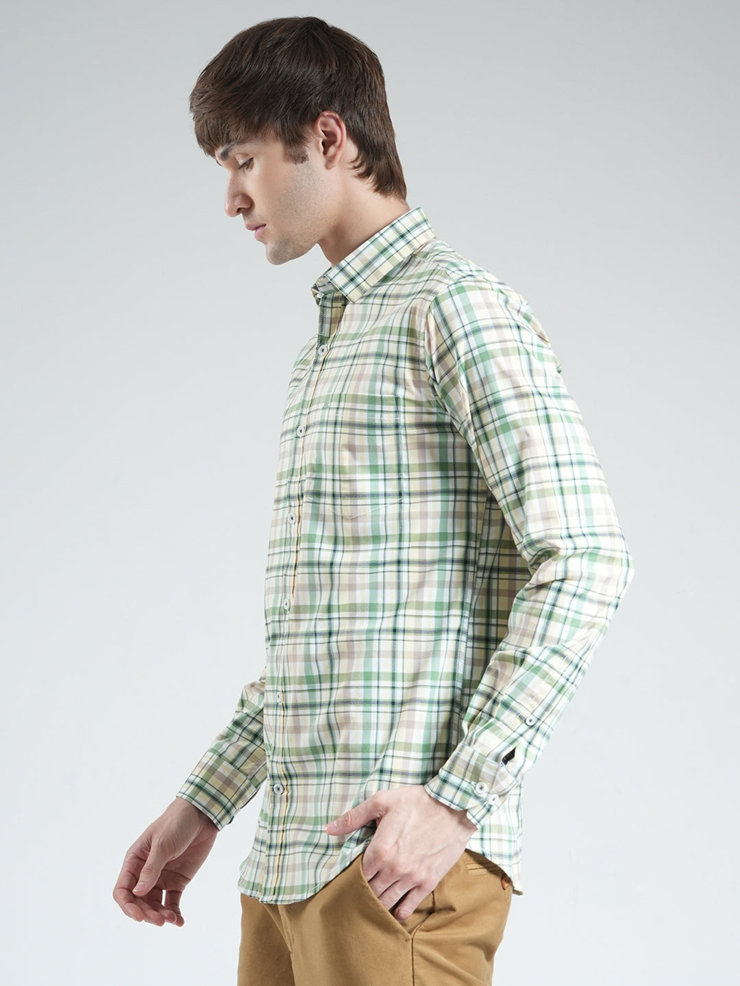 Men Green Check Collar Full Sleeve Shirt