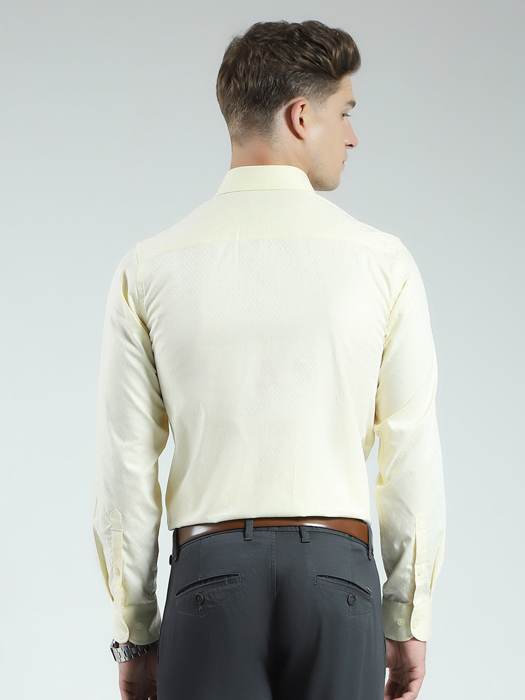 Men Yellow Self Design Collar Full Sleeve Shirt