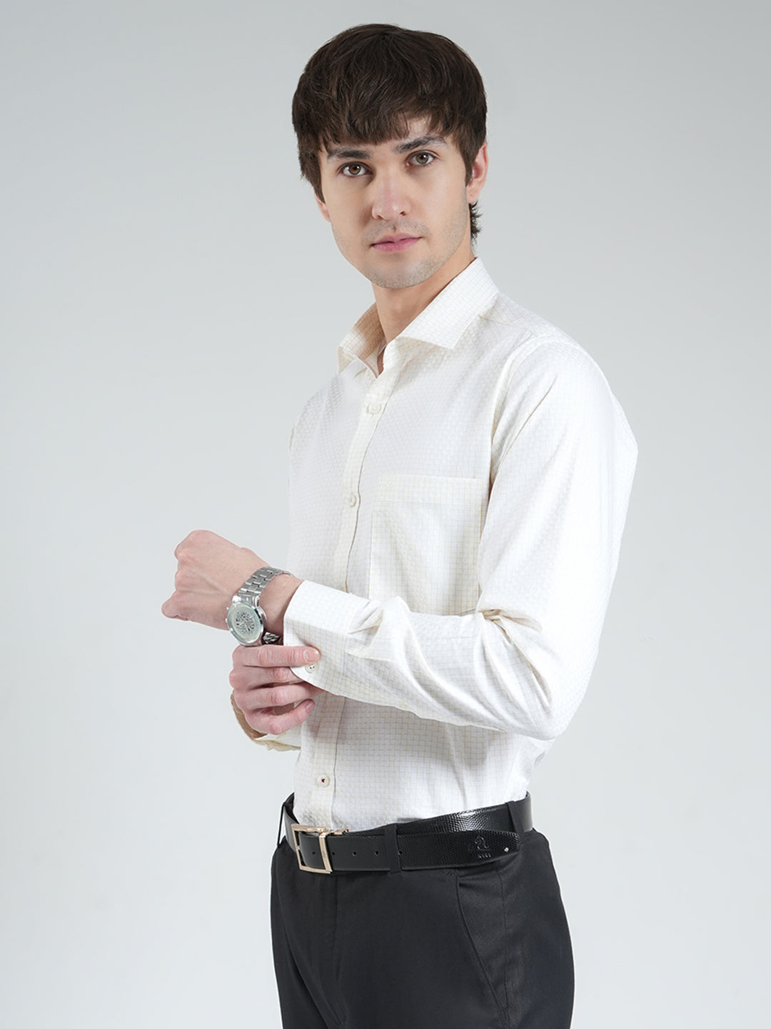 Men Yellow Check Collar Full Sleeve Shirt