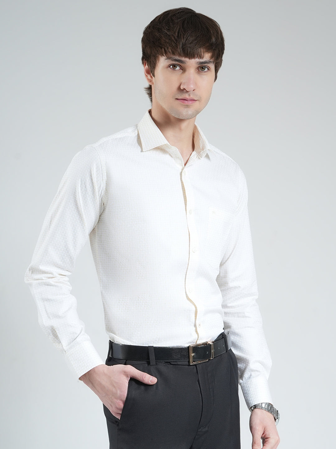 Men Yellow Check Collar Full Sleeve Shirt