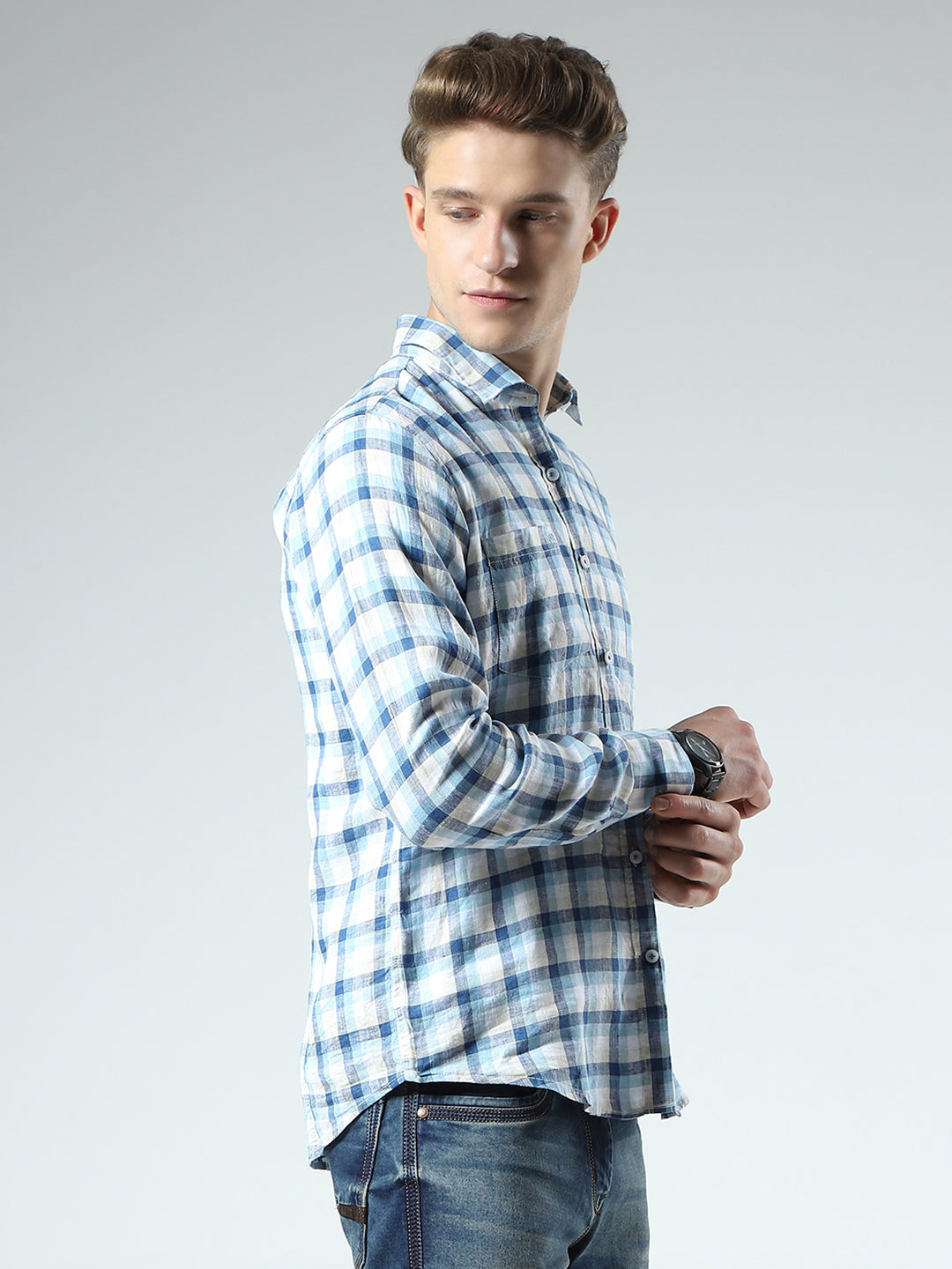Men Blue Check Collar Full Sleeve Linen Shirt