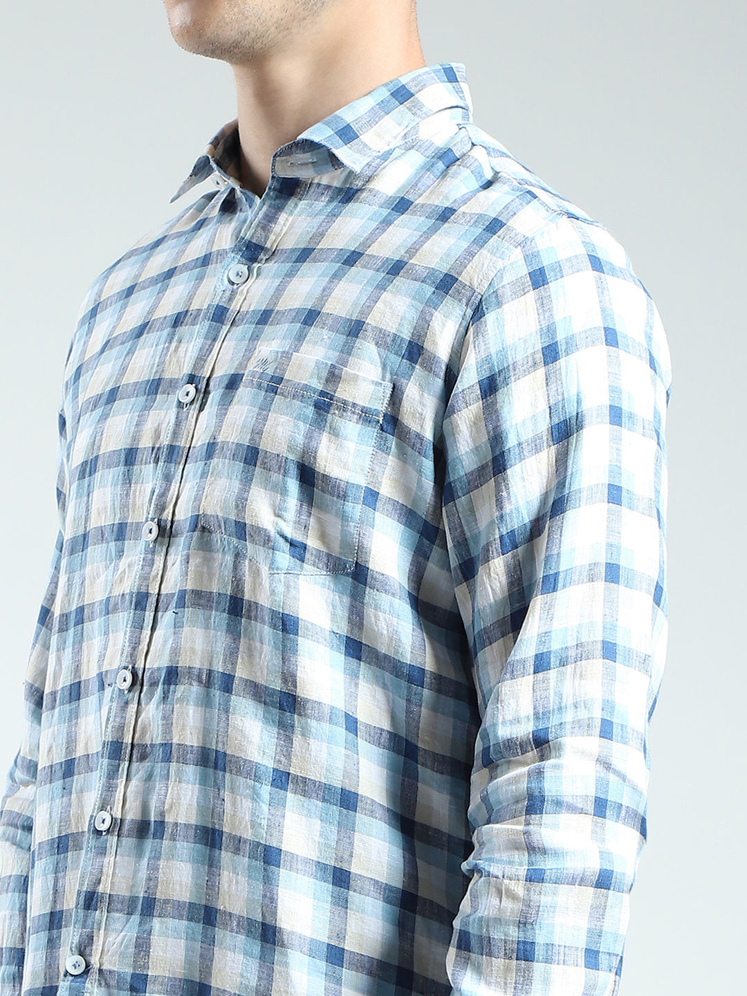 Men Blue Check Collar Full Sleeve Linen Shirt