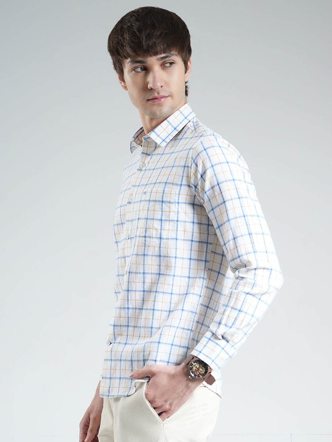 Men White Check Collar Full Sleeve Linen Shirt