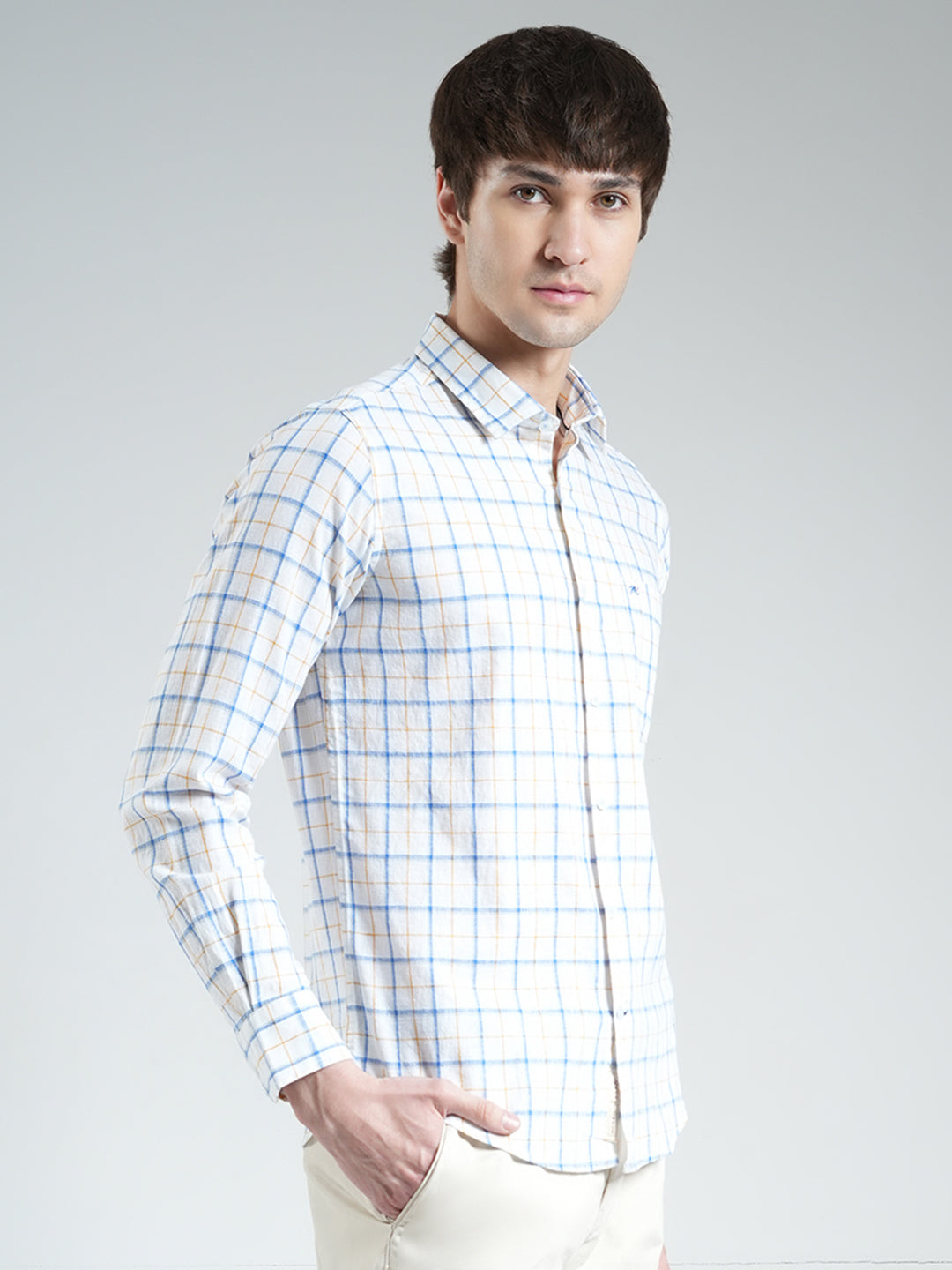 Men White Check Collar Full Sleeve Linen Shirt