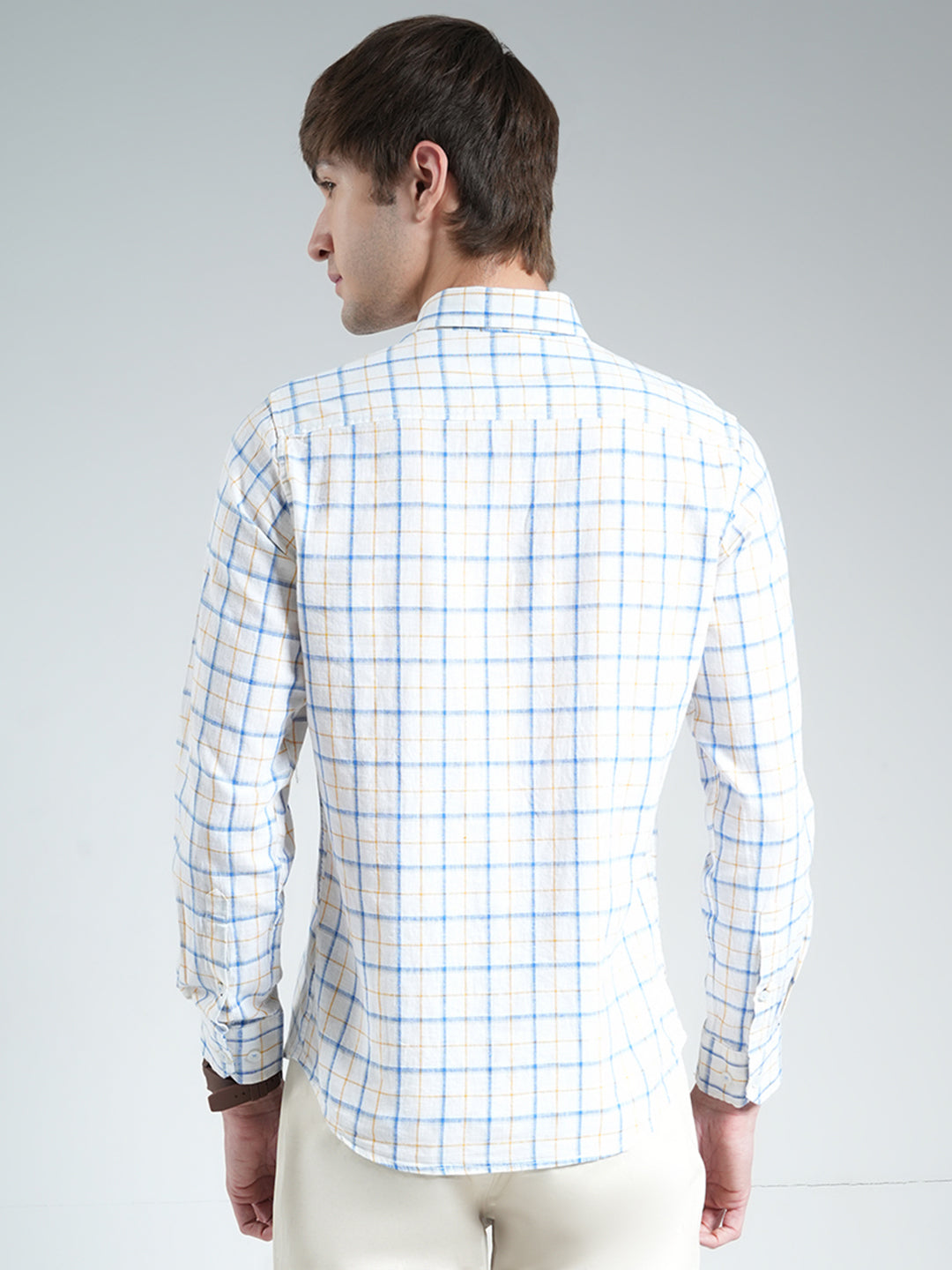Men White Check Collar Full Sleeve Linen Shirt