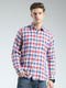 Men Red Check Collar Full Sleeve Linen Shirt