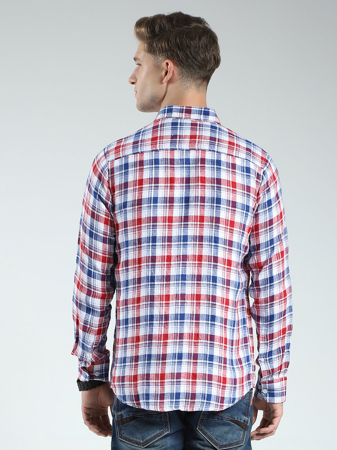 Men Red Check Collar Full Sleeve Linen Shirt
