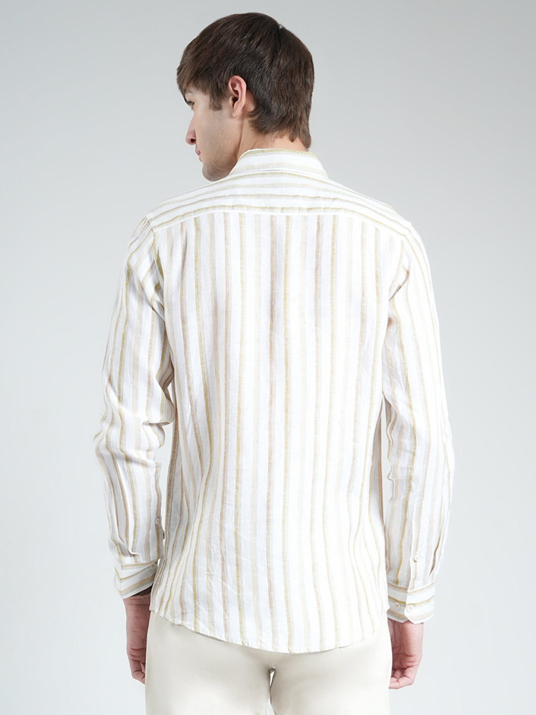 Men Beige Stripe Collar Full Sleeve Linen Shirt