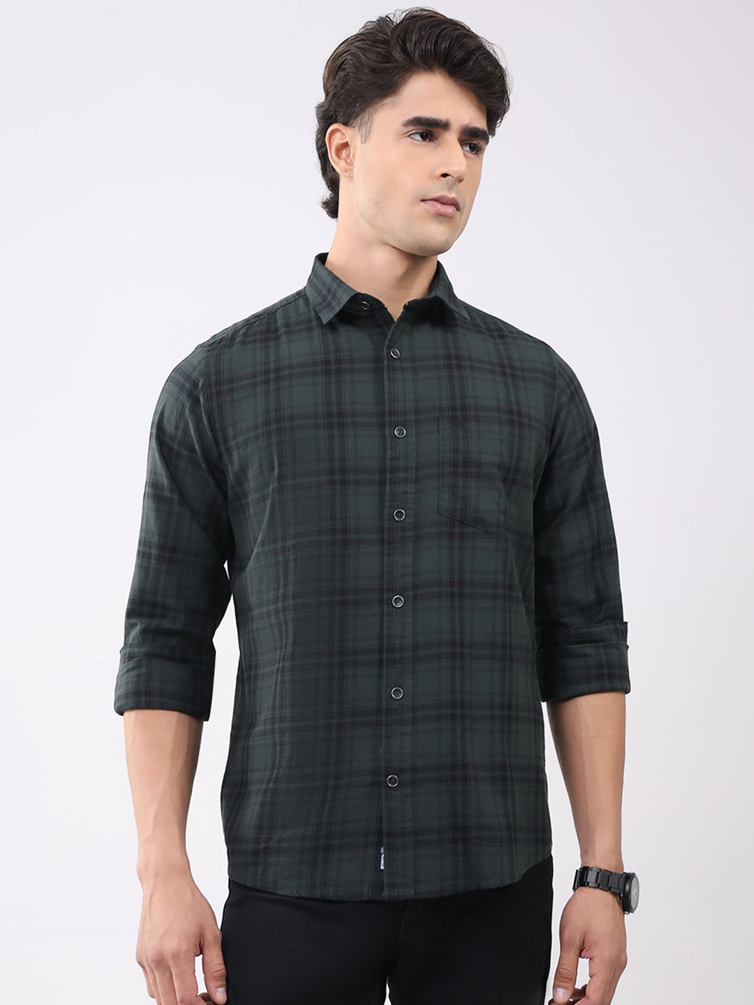 Men Olive Check Collar Full Sleeve Shirt