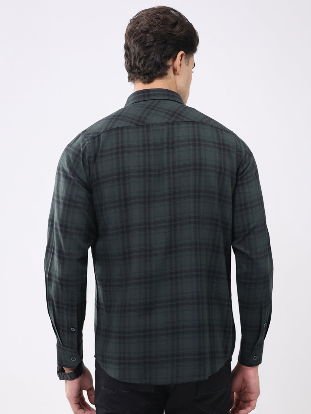 Men Olive Check Collar Full Sleeve Shirt