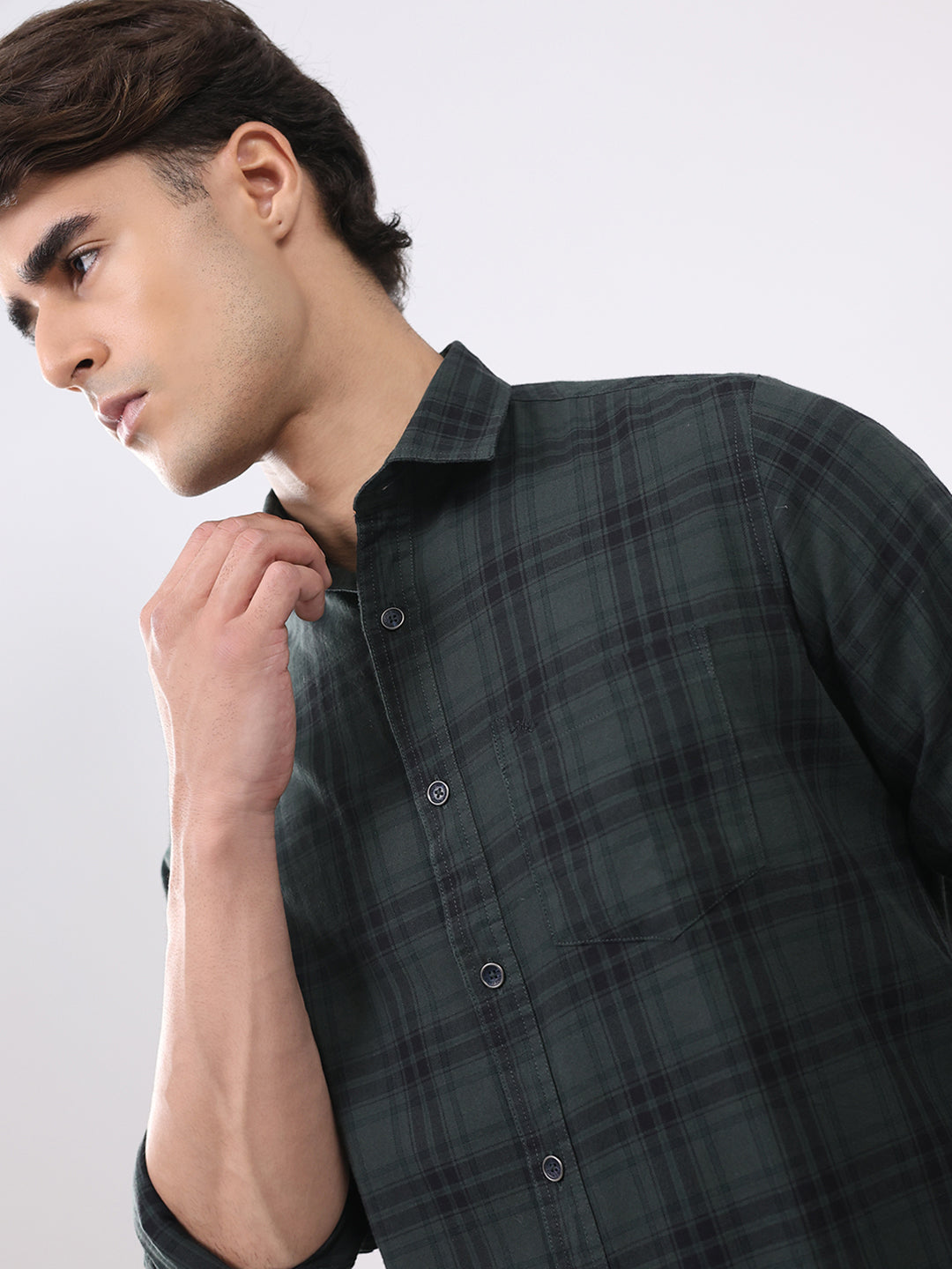 Men Olive Check Collar Full Sleeve Shirt