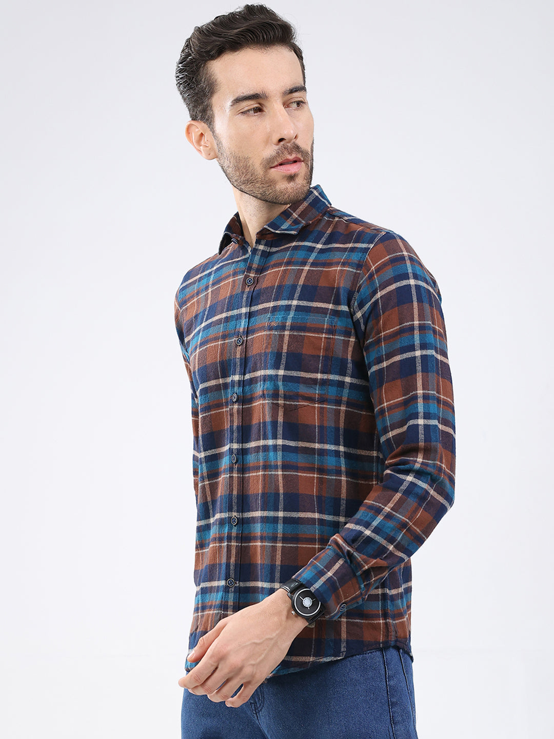 Men Brown Check Collar Full Sleeve Shirt