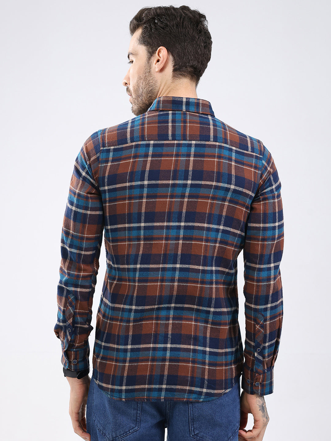 Men Brown Check Collar Full Sleeve Shirt