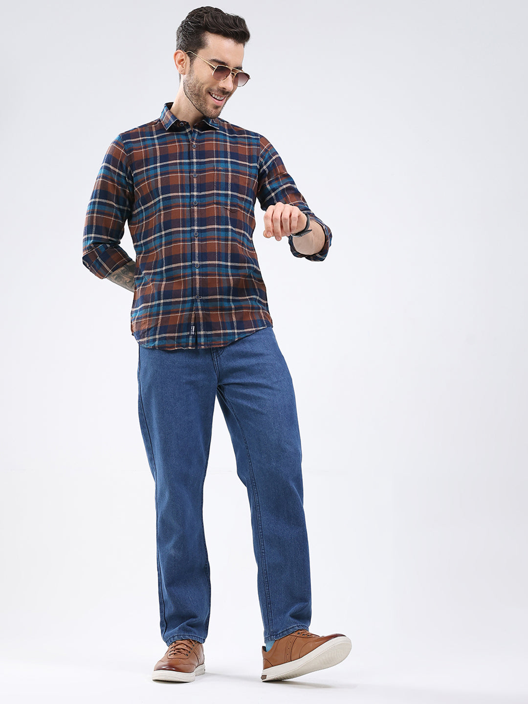 Men Brown Check Collar Full Sleeve Shirt