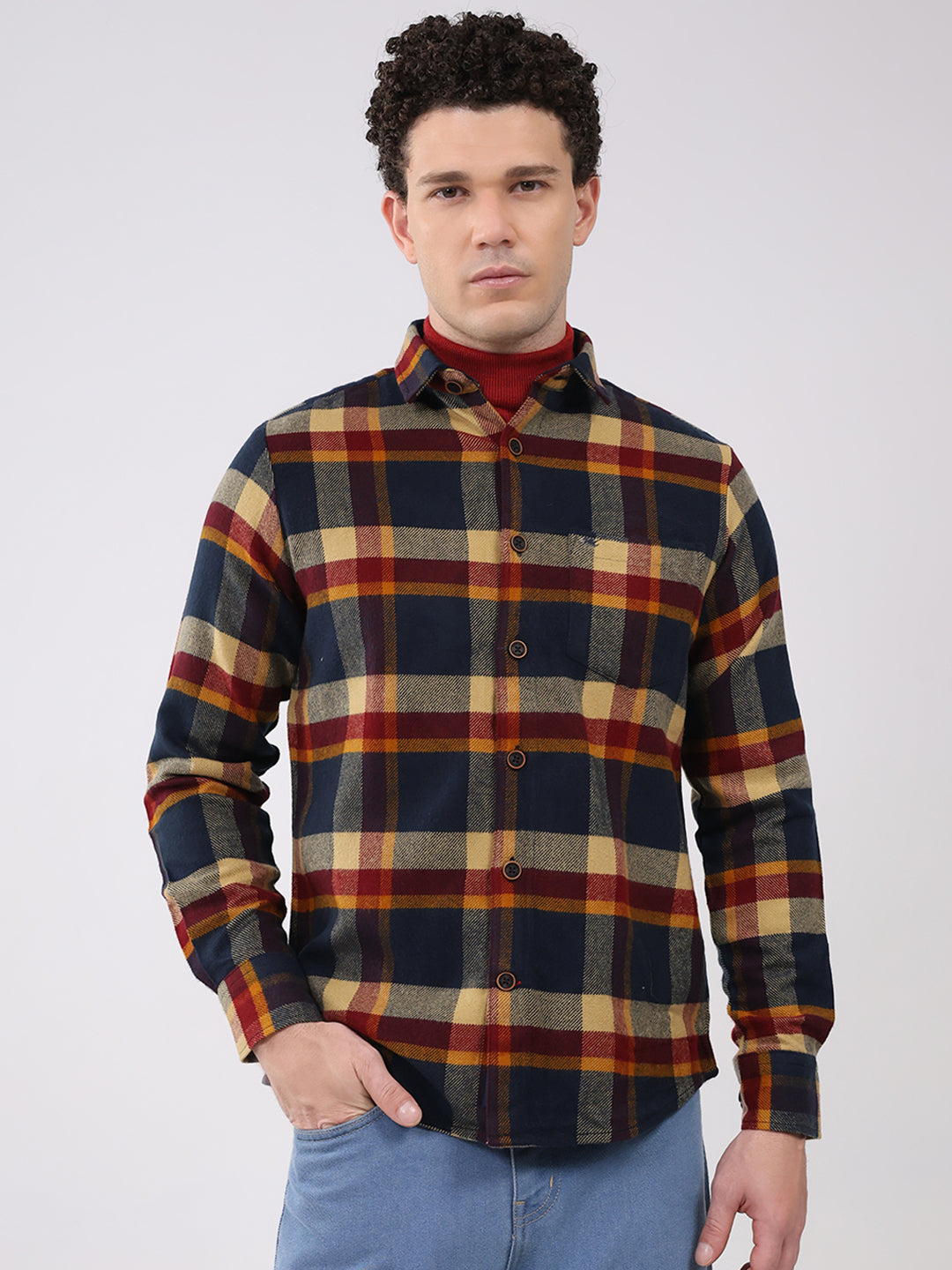 Men Navy Blue Check Collar Full Sleeve Shirt
