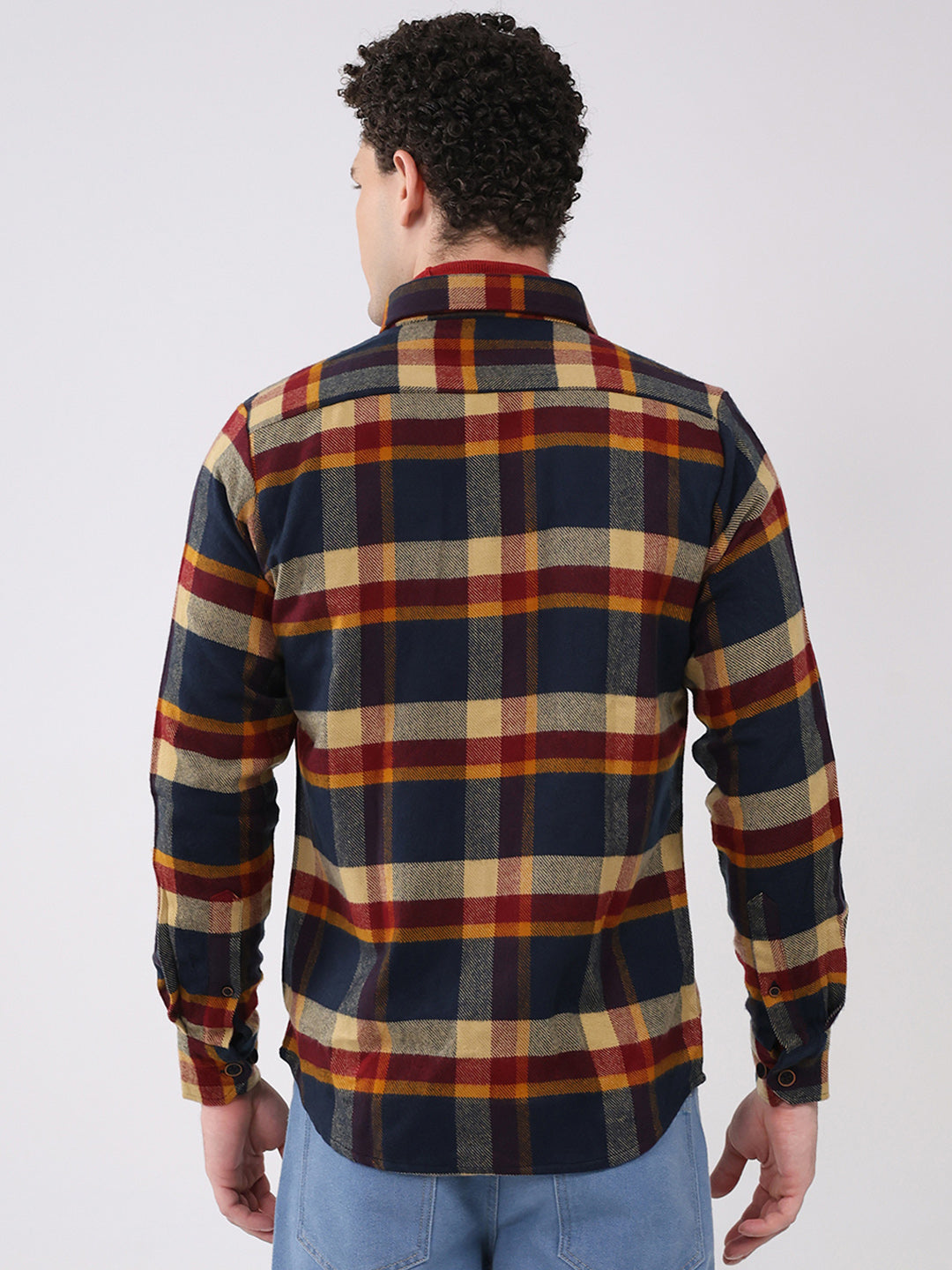 Men Navy Blue Check Collar Full Sleeve Shirt