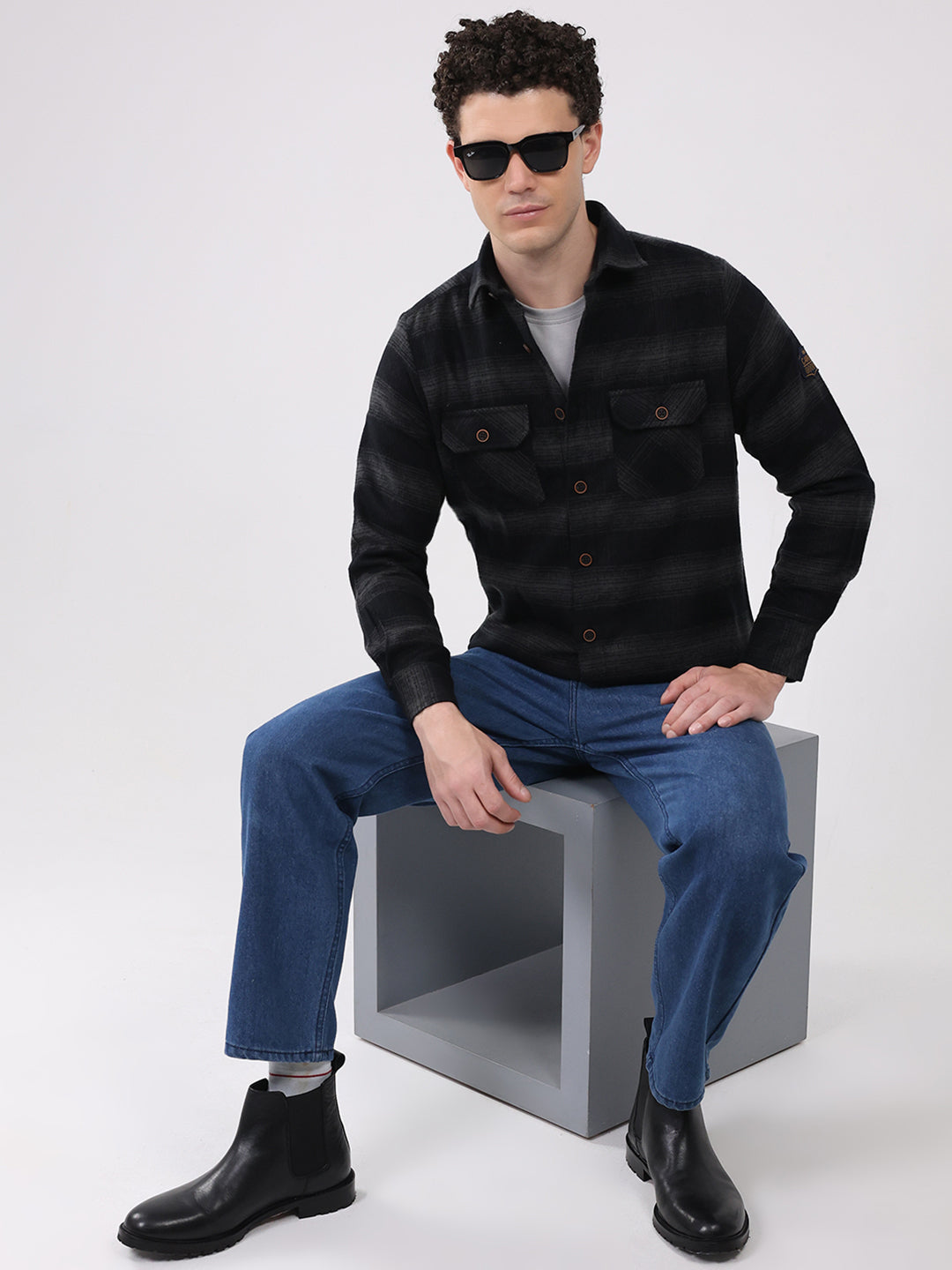 Men Black Check Collar Full Sleeve Shirt