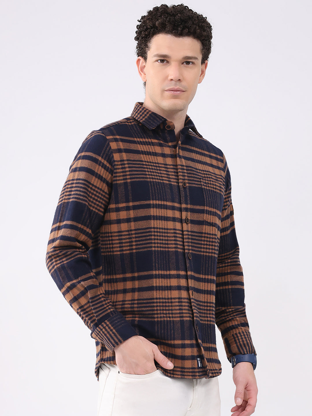 Men Brown Check Collar Full Sleeve Shirt