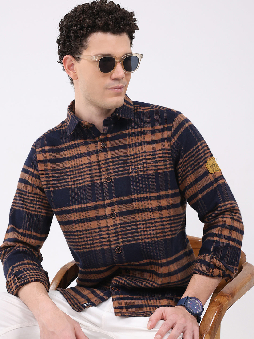 Men Brown Check Collar Full Sleeve Shirt
