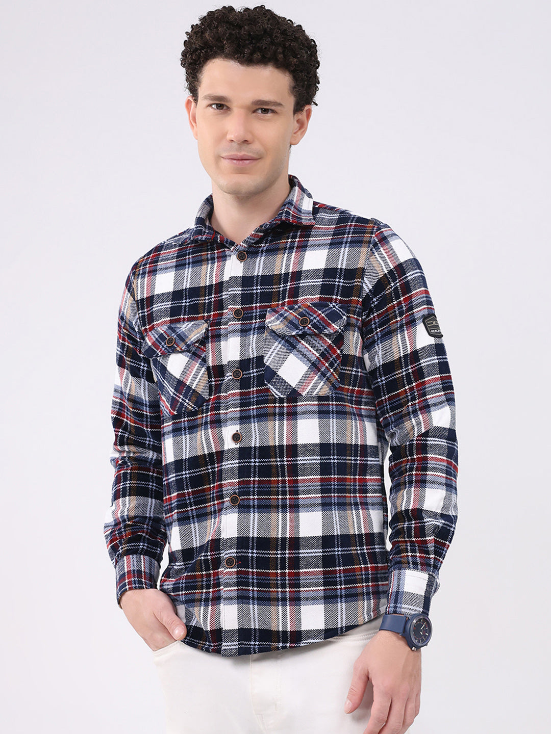 Men Navy Blue Check Collar Full Sleeve Shirt