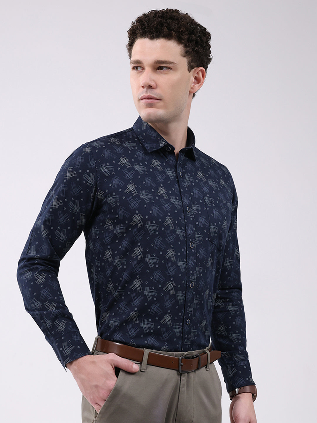 Men Navy Blue Printed Collar Full Sleeve Shirt