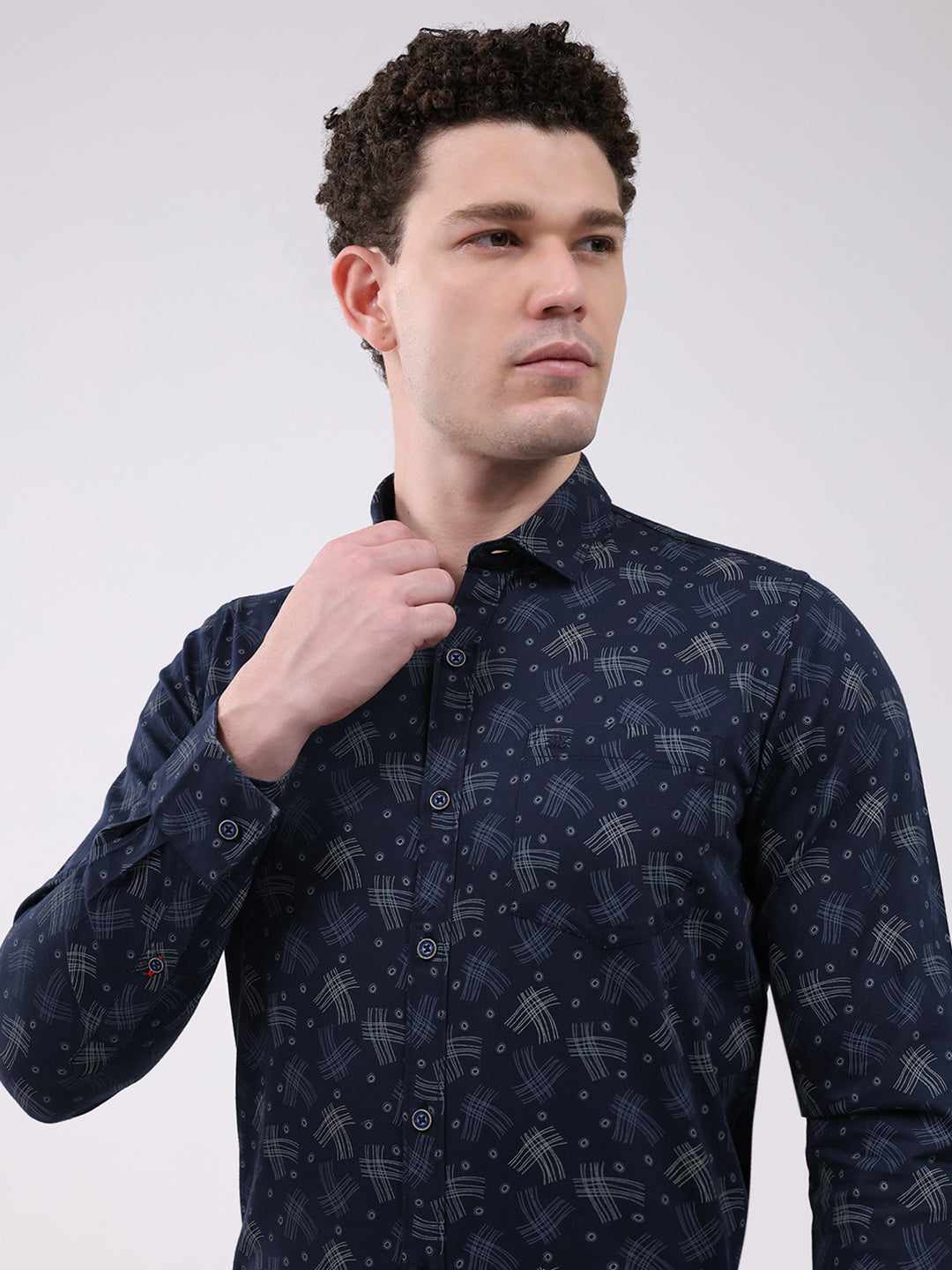 Men Navy Blue Printed Collar Full Sleeve Shirt