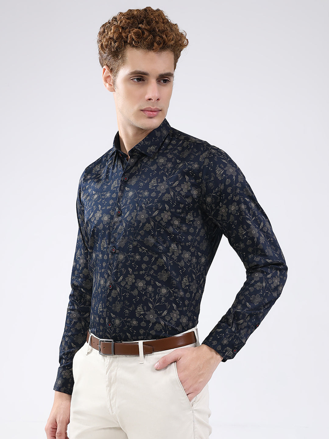 Men Navy Blue Printed Collar Full Sleeve Shirt