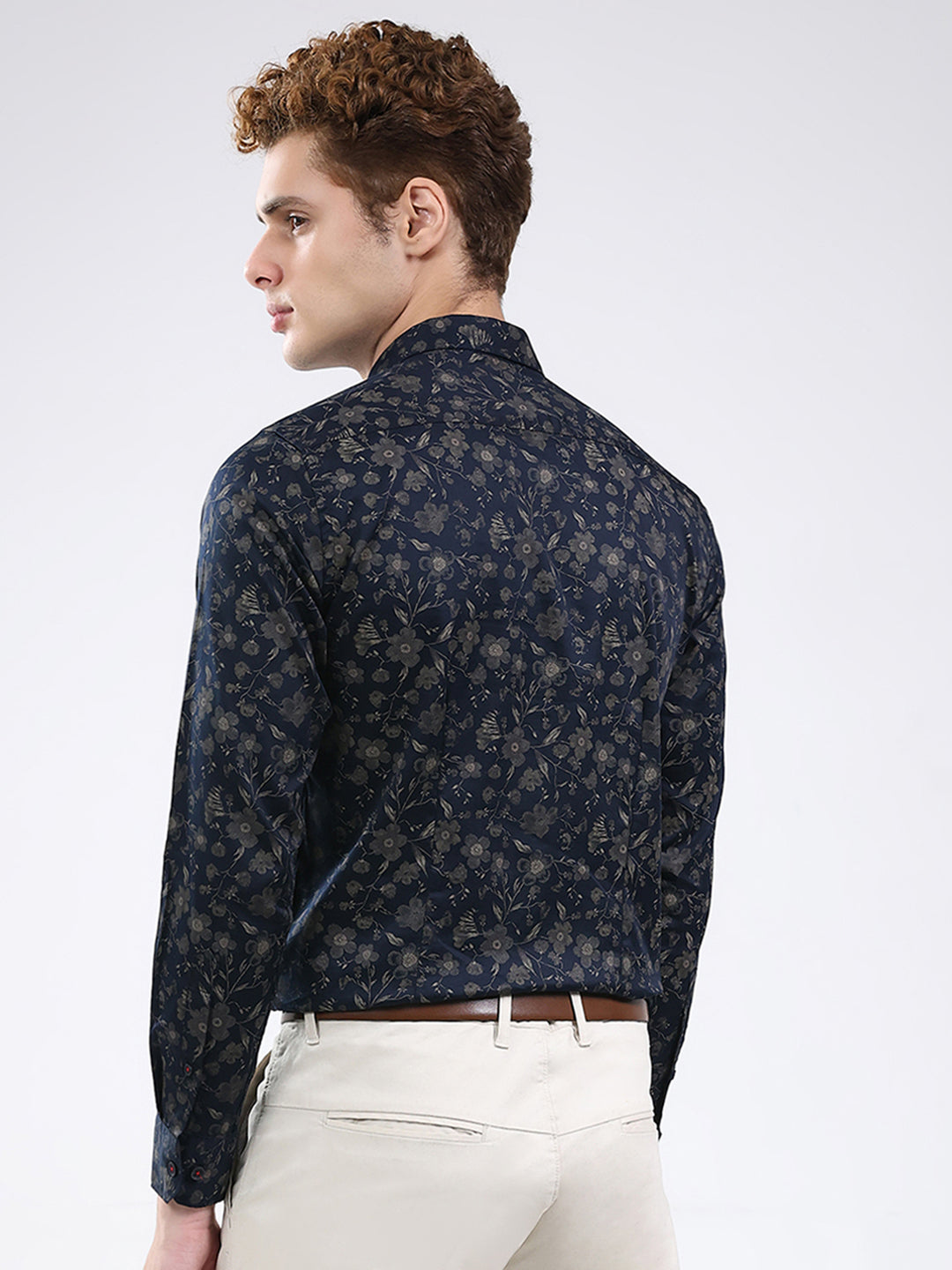 Men Navy Blue Printed Collar Full Sleeve Shirt