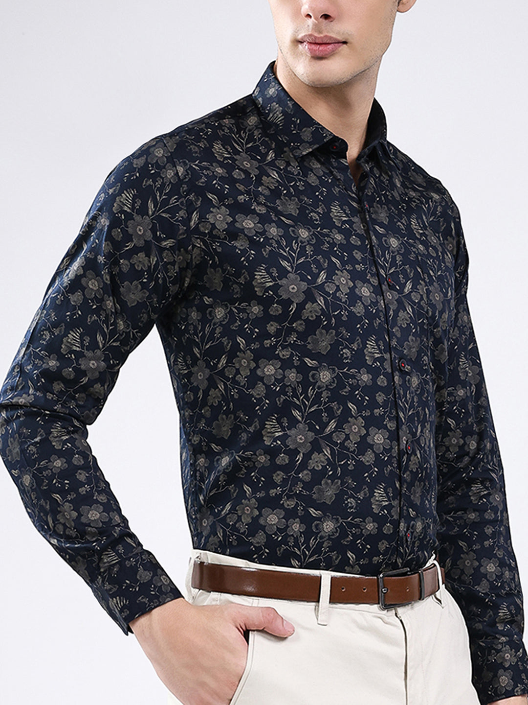 Men Navy Blue Printed Collar Full Sleeve Shirt