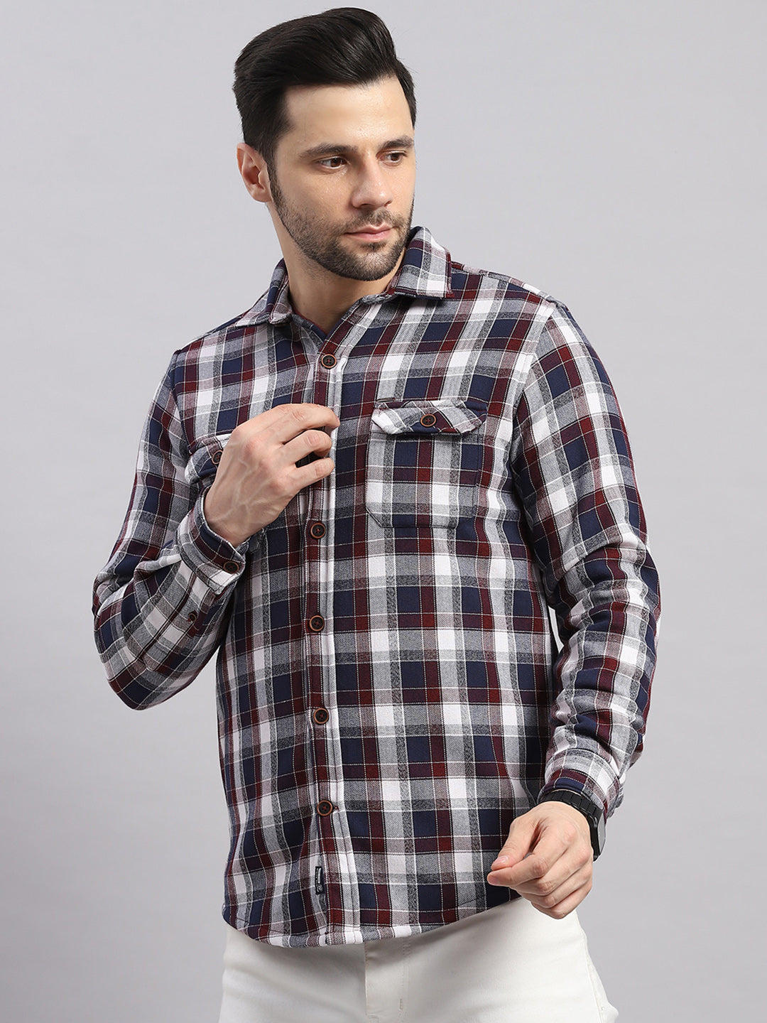 Men Red Check Collar Full Sleeve Shirt