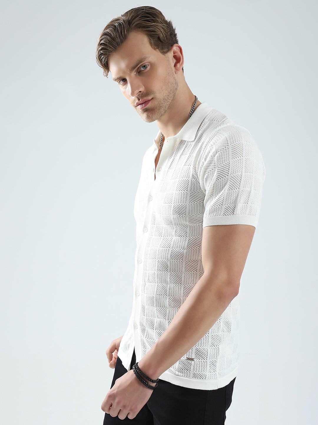 Men White Self Design Collar Half Sleeve T-Shirt