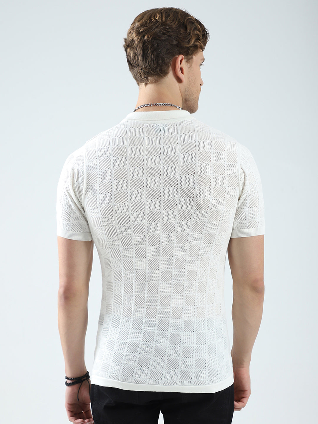 Men White Self Design Collar Half Sleeve T-Shirt