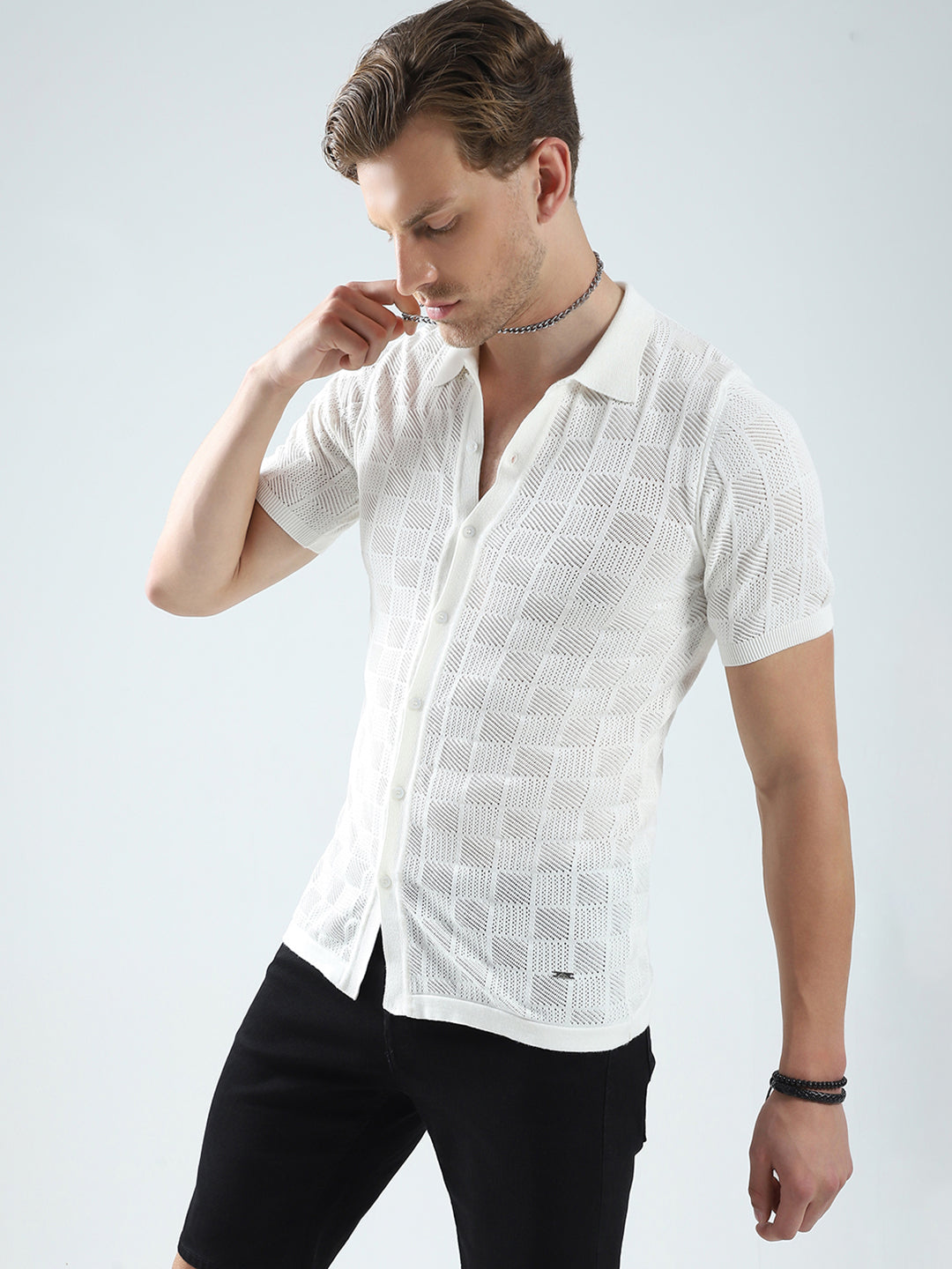 Men White Self Design Collar Half Sleeve T-Shirt
