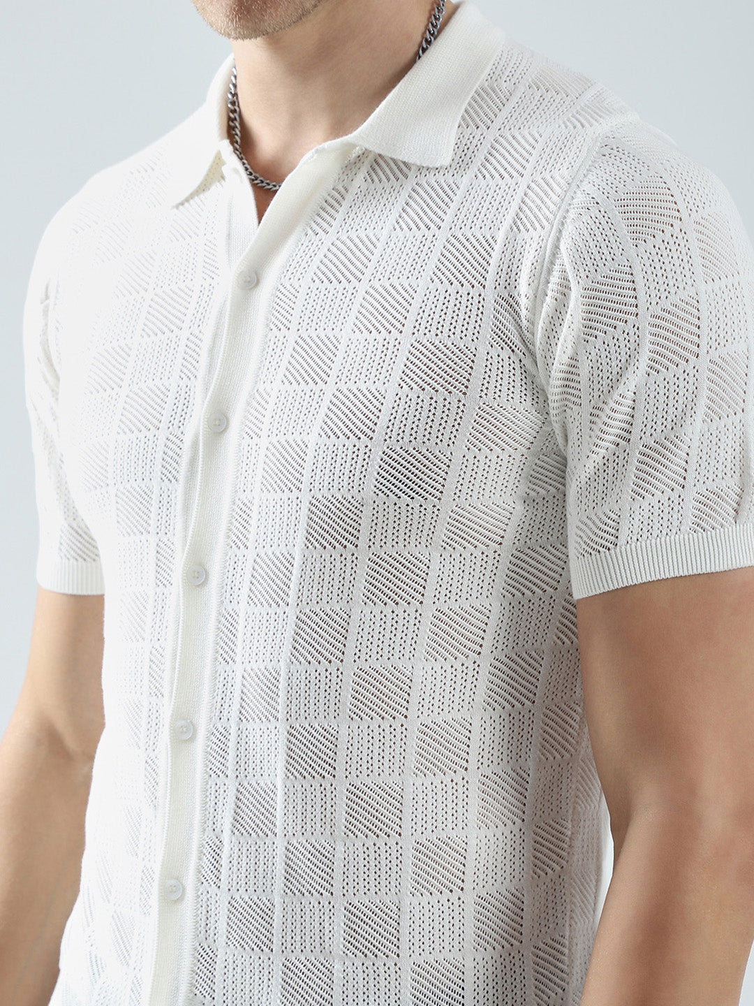 Men White Self Design Collar Half Sleeve T-Shirt