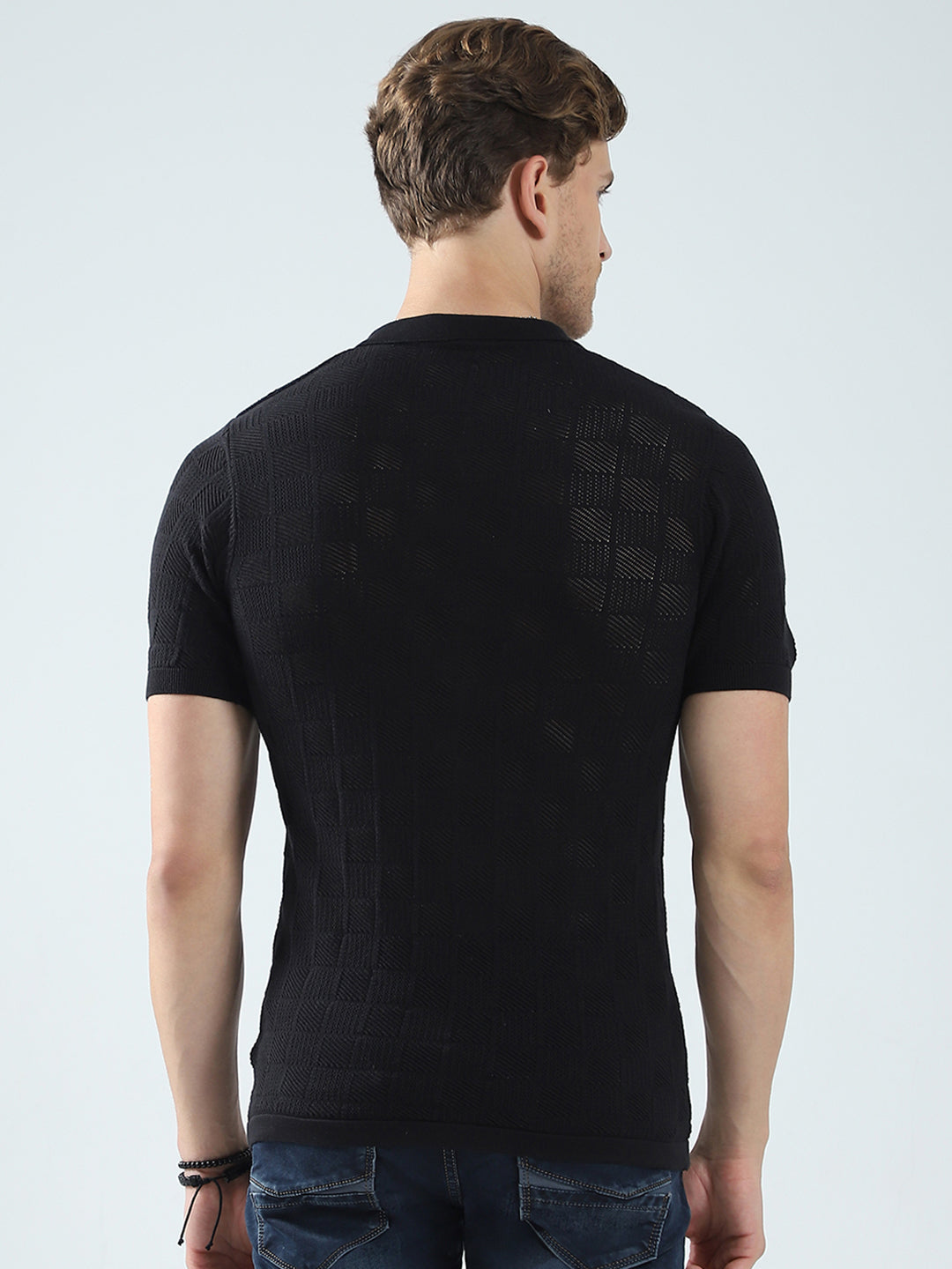 Men Black Self Design Collar Half Sleeve T-Shirt