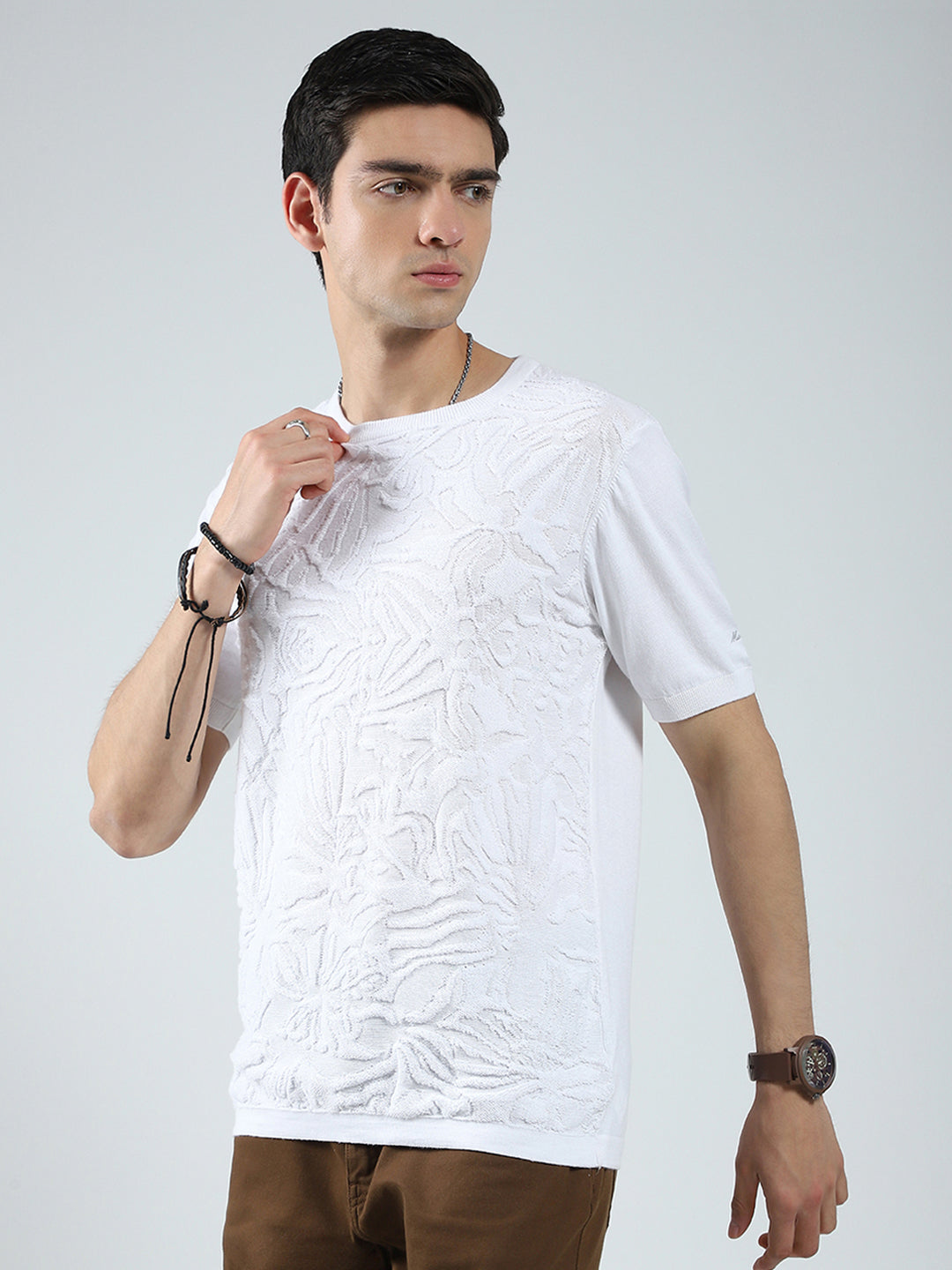 Men White Self Design Round Neck Half Sleeve T-Shirt