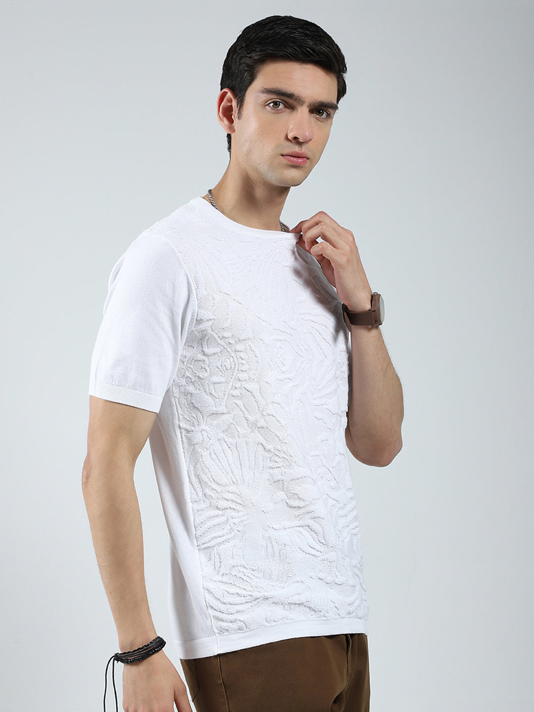 Men White Self Design Round Neck Half Sleeve T-Shirt